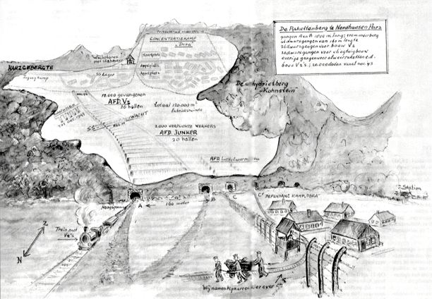 De Rakettenberg te Nordhausen. Tekening U. van der Krieke, Diemen.